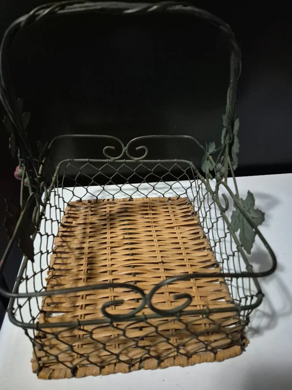 VINTAGE CHICKEN WIRE AND WICKER WRONGHT IRON BASKET